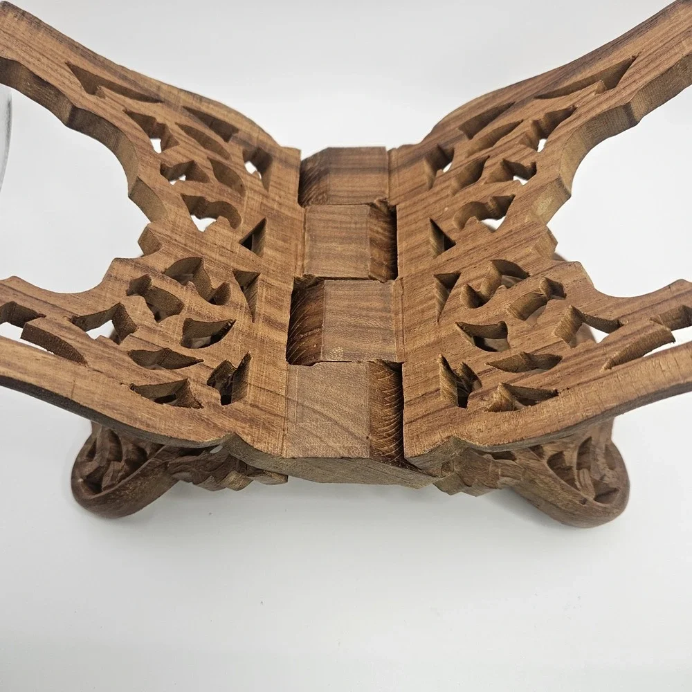 Vintage Shesham Wood Folding Book Stand Hand Carved Made in India Ornate